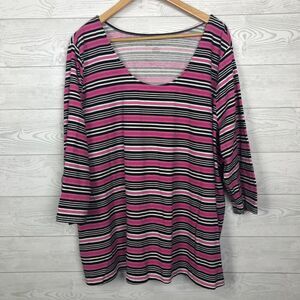 Jessica London Women's 30/32 Striped Scoop Neck Tee 3/4 Sleeve Pink Black Casual